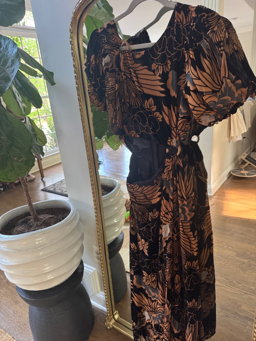 Black and Copper Floral Midi Dress